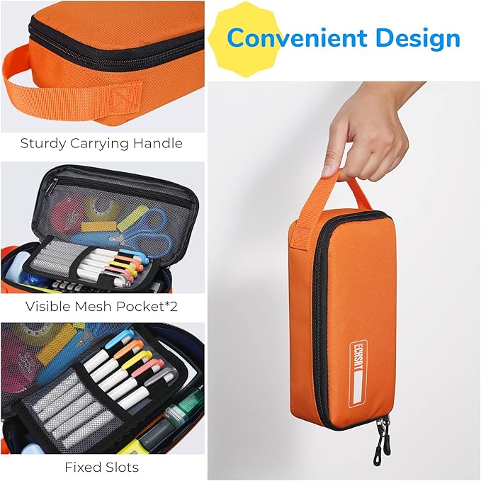 ECHSRT Pencil Case for Men Women, Large Pen Bag for Adults, Portable Pencil Pouch Aesthetic with Handle, Zipper Cases for Office Organizer Orange