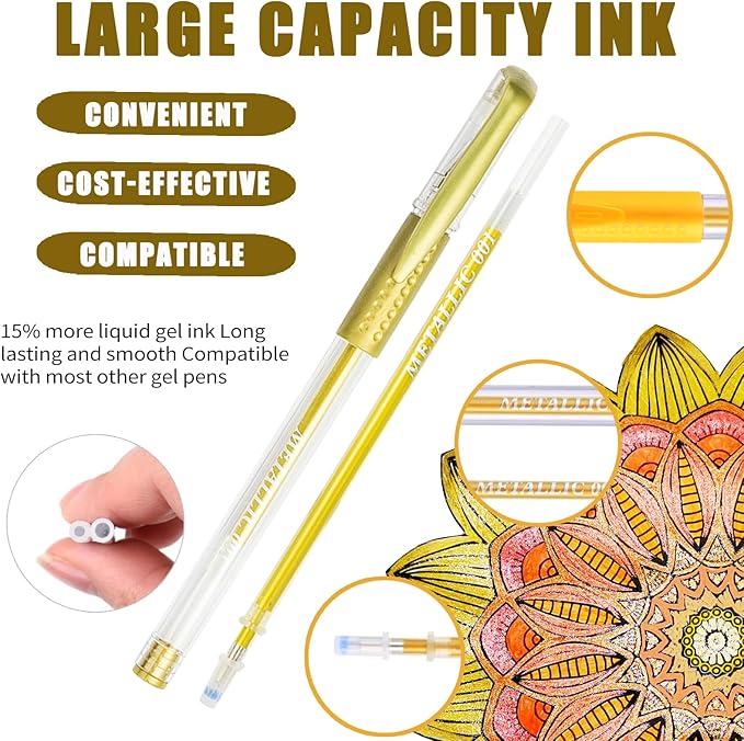 Metallic Gel Pens for Coloring Book,72 Color Gel Pens Set including 24 Color Gel Pen with 48 Refills,40% More Ink Colored Gel Pens for Drawing, Doodling, Scrapbook, Journaling