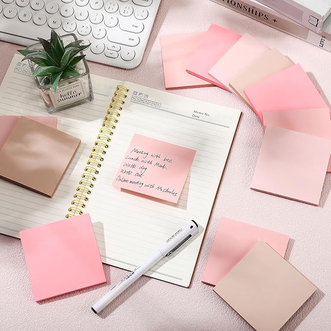Thenshop 12 Pads Pink Sticky Notes 3''x3'', Self Stick Notes Pads Pink Office Supplies, Vintage Aesthetic School Accessories 50 Sheets/pad
