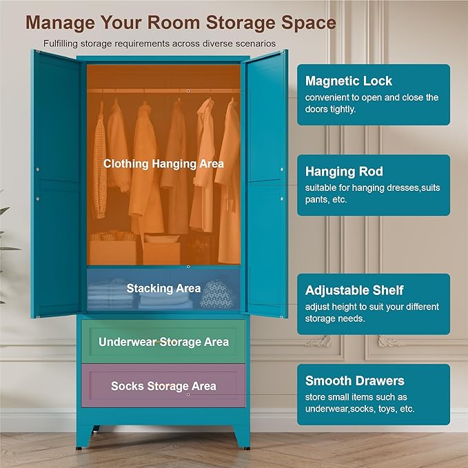 71" Tall Metal Wardrobe Cabinet with 2 Drawers and Hanging Rod, 2 Doors Armoire Wardrobe Closet with Shelf for Bedroom, Office, Laundry Room, Blue