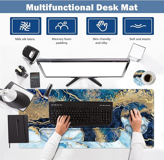 ARTSO Large Mouse Pad Ergonomic Keyboard Wrist Rest Support Set, Memory Foam Gel Wrist Pad, Extended Desk Mat Protector, Non-Slip Desk Blotter, Blue Marble