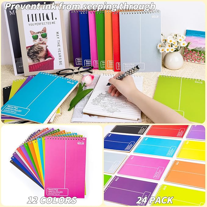 24 Pack Steno Pads 6 x 9 in Spiral Top Notebook Bulk 12 Assorted Color Note Pad 60 Sheets Gregg Rule Writing Paper Steno Notebooks for Students Teachers Men Women Professionals Office School Recording