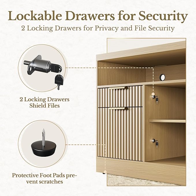 2 Drawer Fluted File Cabinet, 32'' Lateral File Cabinet with Lock and AC/USB for Legal/Letter/A4/F4 Size, Wood Filing Cabinet with Storage Shelves for Home Office, Light Walnut