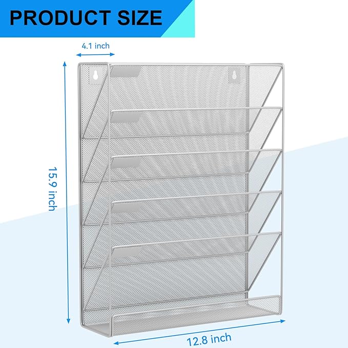 Wall File Organizer Holder Mesh Hanging Paper Document Holder, Vertical 6 Pocket Tier for Office Home, Silver