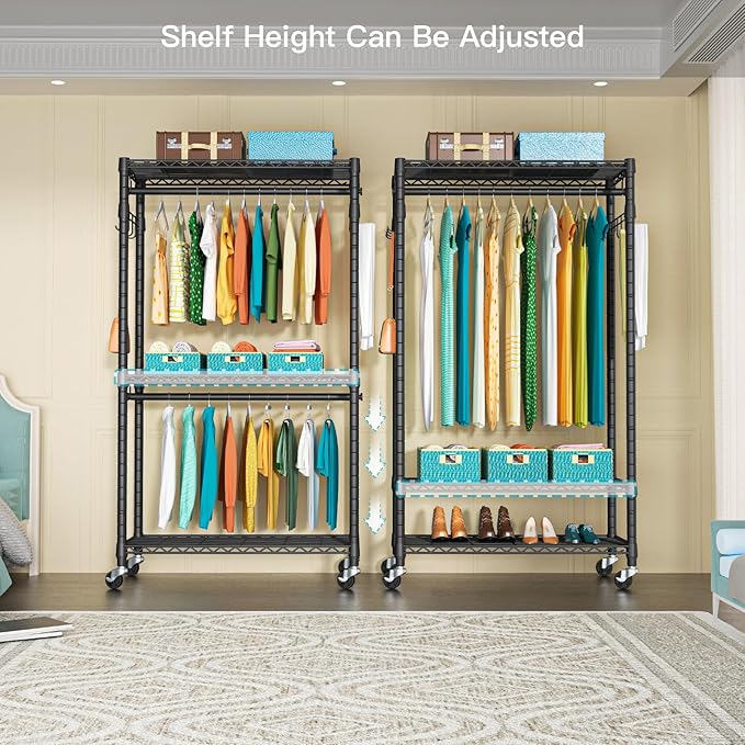 P1 Heavy Duty Garment Rack, 3 Tiers Adjustable Rolling Metal Closet Organizer with Lockable Wheels, FreeStanding Wardrobe with Double Hanger Rods & 1 Pair Hooks, Max Load 450 LBS, Black