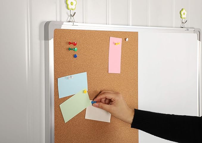 Combination Whiteboard Bulletin Board Set - Dry Erase/Cork Board 30x20 in with 1 Magnetic Dry Eraser, 4 Markers, 4 Magnets and 10 Thumb Tacks - Combo Tack Board White Board for Home Office Desk