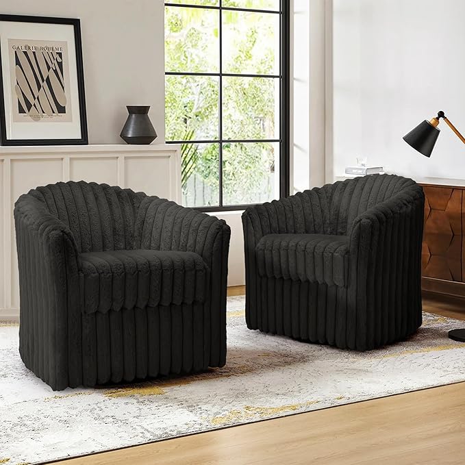 UIXE Faux Fur Swivel Accent Chair, Set of 2, Modern Upholstered Armchair Barrel Club Chair for Living Room, Chocolate