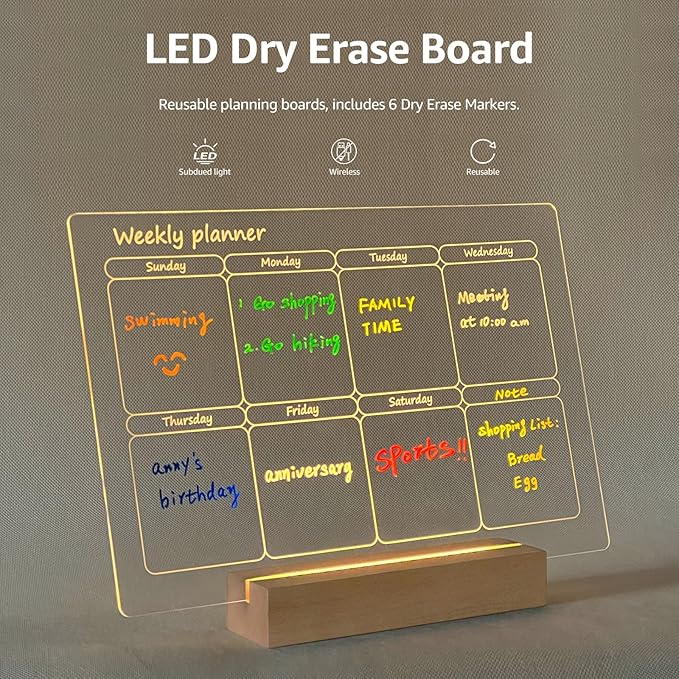 Acryic Dry Erase Board with Light, Wooden Stand Up for Desk, 11.8”x7.9”, Clear Monthly/Weekly Calendar and Led Note Board with Colors, Room/Store/Office/Festival/Gift, 6 Markers