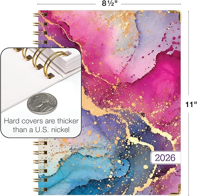 HARDCOVER 2026 Planner, 8.5"x11": 14 Months (November 2025 - December 2026), Daily Weekly Monthly Planner, Yearly Agenda, Bookmark, Pocket Folder and Sticky Note Set (Rainbow Gold Marble)