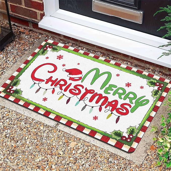 Christmas Door Mat Outdoor, Merry Christmas Plaid Hat Light Snowflakes Welcome Mats for Front Door Holiday Doormat Indoor Entryway Floor Rug for Entrance Outside Home, 16" x 24" Inch