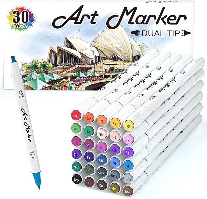 Lelix 30 Colors Art Markers, Dual Tip Permanent Marker Pens Highlighters Perfect for Kids Adults Artist Drawing Sketching Card Making & Coloring Books