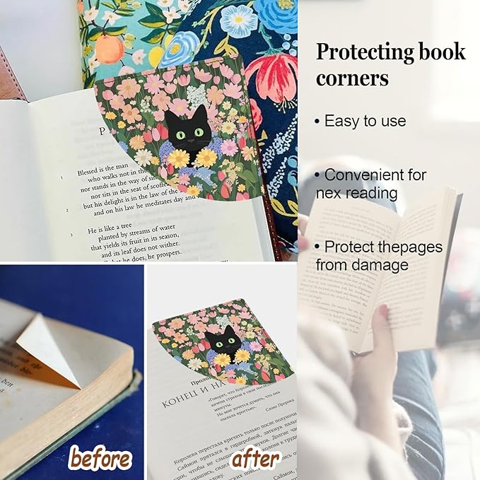 4PC Black Cat Floral Corner Bookmarks, Funny Cute Leather Book Accessories for Book Lovers Gifts, Reading Book Page Markers for Women Men Girls Boys Kids Student Teacher Office Stationery