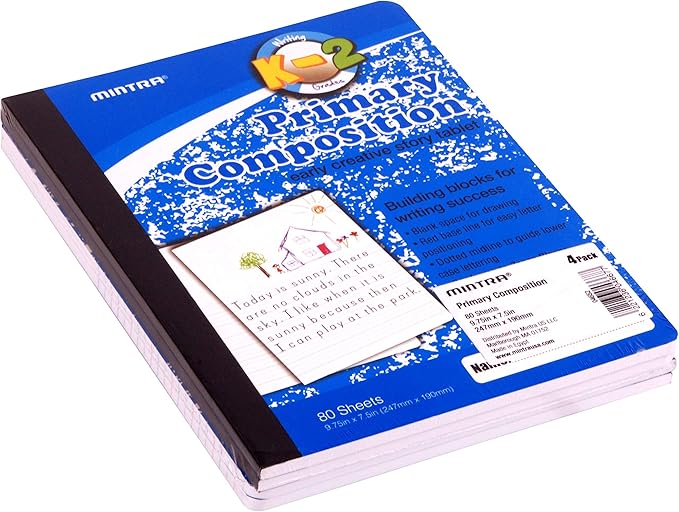 Mintra Primary Composition Notebook, 4 Pack, Blue Cover, 80 Sheets, 7.5in x 9.75in, 1/2 Sheet, Ruled with Drawing Area, Flexible Hardcover Journal , Grades K-2, School & Home Use