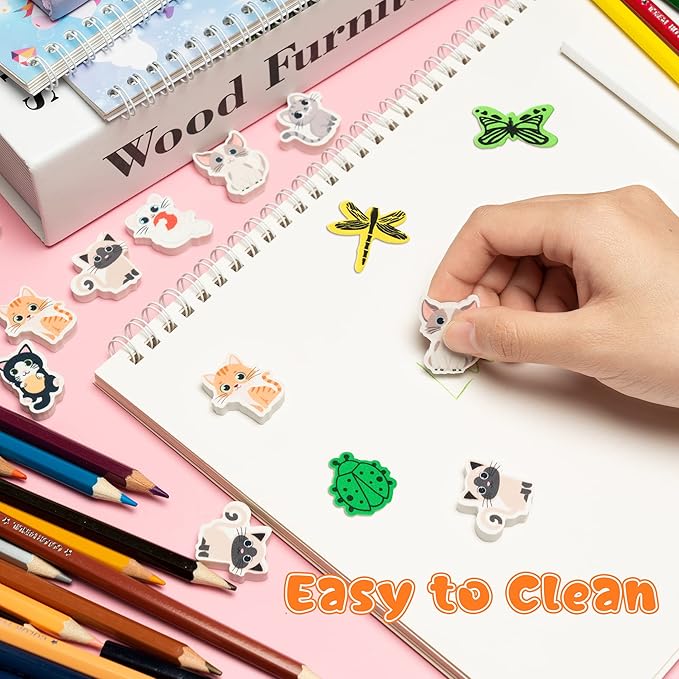 ANGOLIO 60Pcs Cute Cat Erasers Back to School Gifts for Kids Animal Pencil Top Erasers Mini Kawaii Cartoon 3D Desk Pet for Classroom Activities Rewards Game Prizes Birthday Party Supplies, 6 Styles