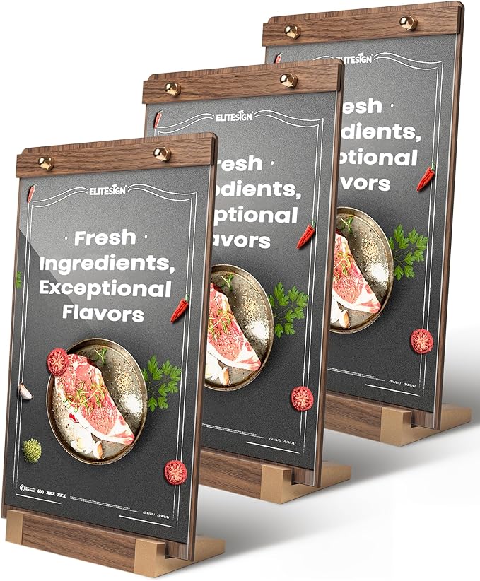 3Pack Acrylic Sign Holders 8.5 x 11 with Walnut Wood Base, Tabletop Clear Commercial Display Stand for Menu, Poster, Flyer, Table Paper Frame for Restaurant/Office/Coffee Shop Store Bar/Wedding/Hotel