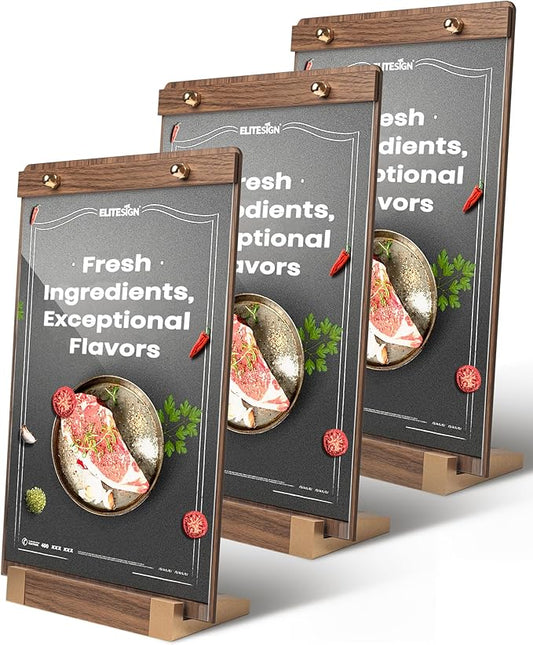 3Pack Acrylic Sign Holders 8.5 x 11 with Walnut Wood Base, Tabletop Clear Commercial Display Stand for Menu, Poster, Flyer, Table Paper Frame for Restaurant/Office/Coffee Shop Store Bar/Wedding/Hotel