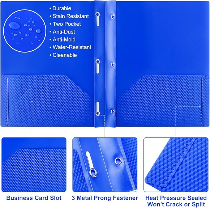 Patelai 48 Pcs Plastic Folders with 2 Pockets and 3 Prongs Home Folders with Card Slot Letter Size Heavy Duty Report Covers for Back to School(Blue,Diamond)