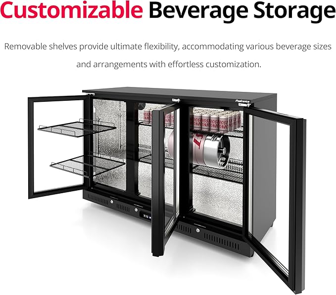 54 inch 318-can Triple Hinged Door Back Bar Cooler, 10.42 cu. ft. Under Counter Glass Door Bar Fridge with hinged doors, lockable, 32-50°F Beverage Refrigerator, ETL Certified, Black