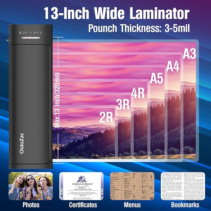 Laminator Machine 13 Inch, 60s Quick Warm-Up Never Jam Laminating Machine with 52 Laminating Sheets, 9 in 1 A3 Thermal Machine Hot & Cold with Paper Trimmer Corner Rounder for Office School Home Use