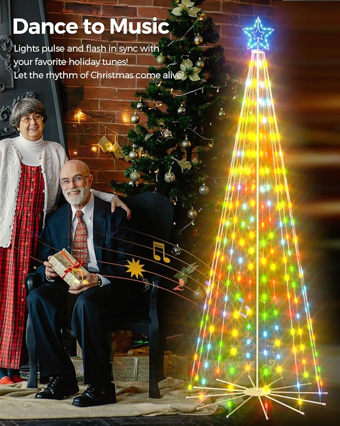 8ft Smart Outdoor Lighted Christmas Tree with Sturdy Iron Base, 16 Mil Color Changing, Music Sync, Timer, Group Control, RGB Led Christmas Decorations for Indoor Outdoor