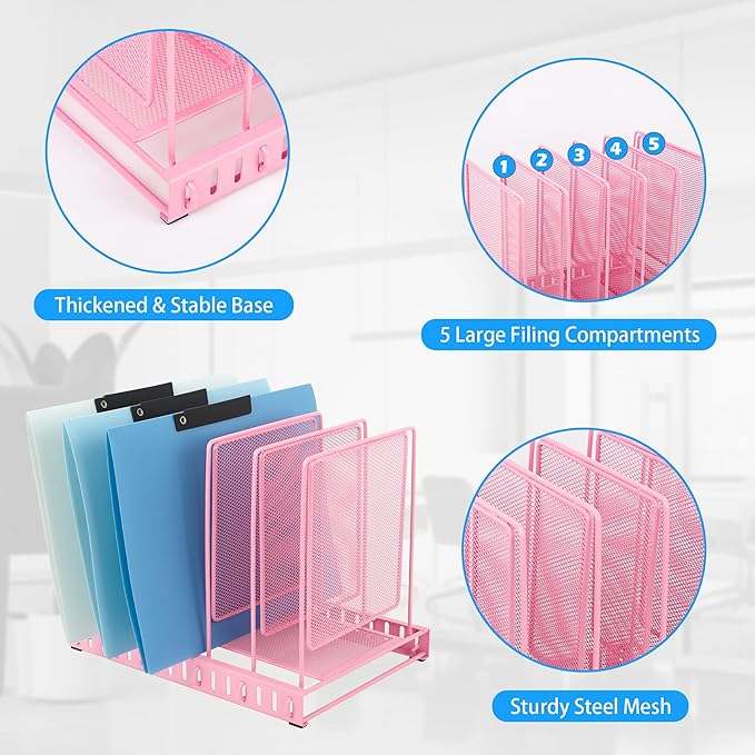 EASEPRES 5 Section Vertical Metal Mesh Desk File Organizer, Spacing Adjustable Upright Desktop Paper Mail Document Magazine Sorter Folder Holder for Workspace Office School Home, Pink