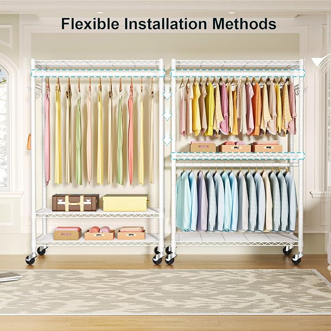 P1 Plus Rolling Clothes Rack, 22mm Diameter Heavy Duty Garment Rack with Wheels, Portable Closet Wardrobe with Double Rods, 45" W x 17.7" D x 80.5" H, Max Load 524 LBS, White