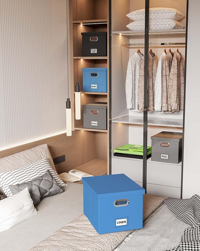 2 Pack File Storage Organizer - Portable Filing Box with Lid, Fits Letter/Legal Size, Navy Blue Leather Box