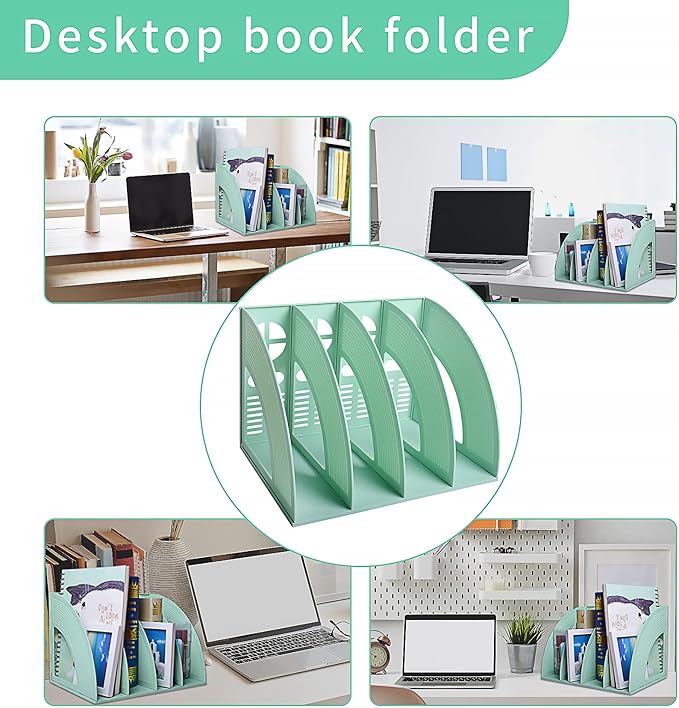SAYEEC Magazine File Holder Folder Storage Desktop 4 Compartment Standing Hollow Green Files Bookshelf Organizer Box Office Racks Displays Holds Notebooks Documents for School Working Students