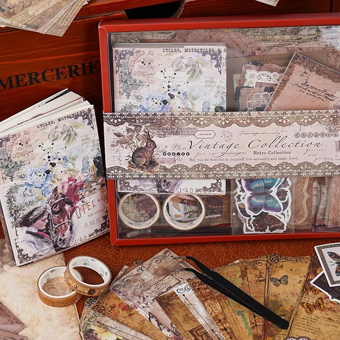 Funto Scrapbooking Kit (202 PCS), Vintage Collection-Wisteria & Butterfly, Perfect for Bullet Scrapbooking Materials, Planner DIY Arts Craft Collage