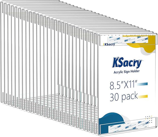 KSacry 30 Pcs Acrylic Sign Holder 8.5 x 11, Vertical Wall Mount Sign Holders with 3M Adhesive, Clear Plastic Frames Paper Display Sign Holders for Office, Home, Store, Restaurant - No Drilling