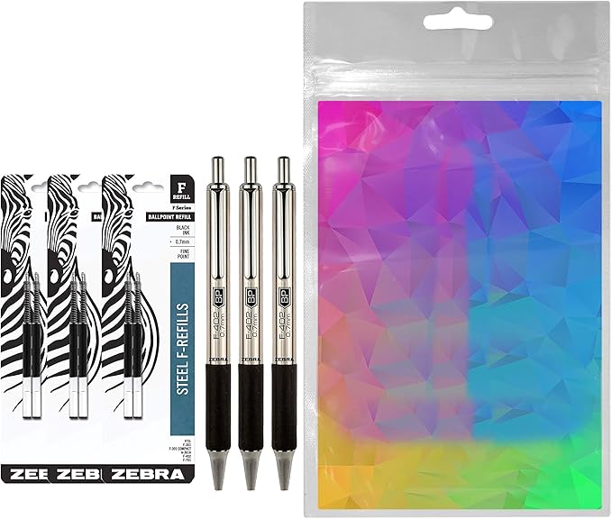 Zebra F-402 Ballpoint Stainless Steel Retractable Pens With Refills, Fine Point, 0.7mm, Blue Ink, 6-Count Bundle with Plastic Reusable Pouch