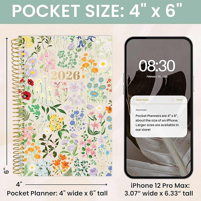 bloom daily planners 2026 Pocket Planner - 4” x 6” - (January 2026 - December 2026) - MINI Weekly/Monthly Agenda Organizer & Calendar Book - Garden Party, Beige
