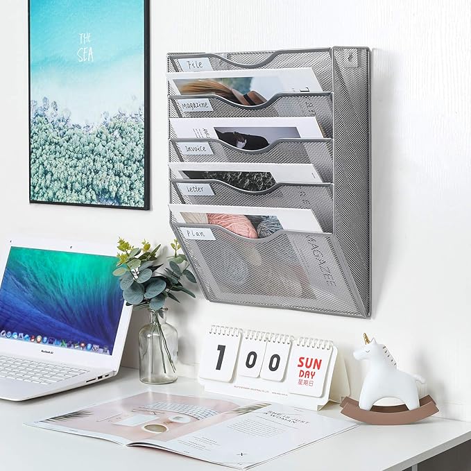 PAG Hanging Wall File Holder Mail Organizer Wall Mount Document Letter Rack, 5-Tier, Silver