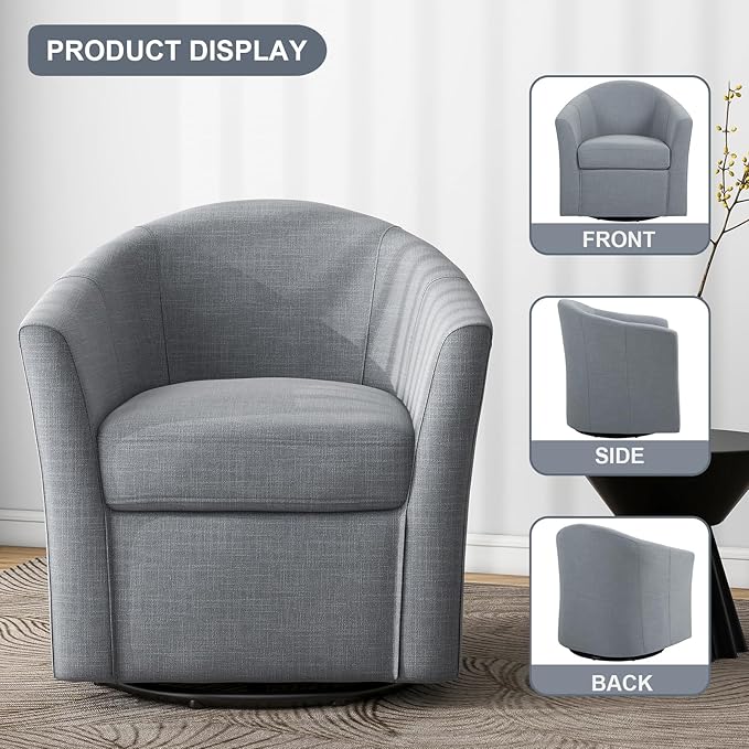 UIXE 360° Swivel Barrel Accent Chairs Set of 2, Modern Round Arm Chair Upholstered Club Armchair, Single Sofa Seating in Fabric for Living Room, Bedroom (Pebble Grey)