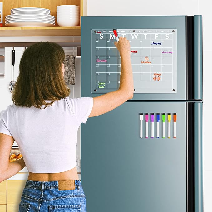 Acrylic Magnetic Dry Erase Board Calendar for Fridge, Clear Monthly Planner Whiteboard for Refrigerator, w/ 8 Colors Markers, 15"x11"