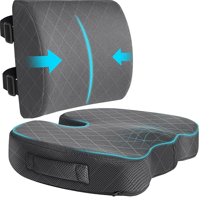 TushGuard Office Chair Cushions with Handles, Back&Seat Cushion, Sciatica & Back Coccyx Tailbone Discomfort Easing Chair Pad, Memory Foam Lumbar Support Pillow for Gaming, Desk, Wheelchair, Car(Grey)