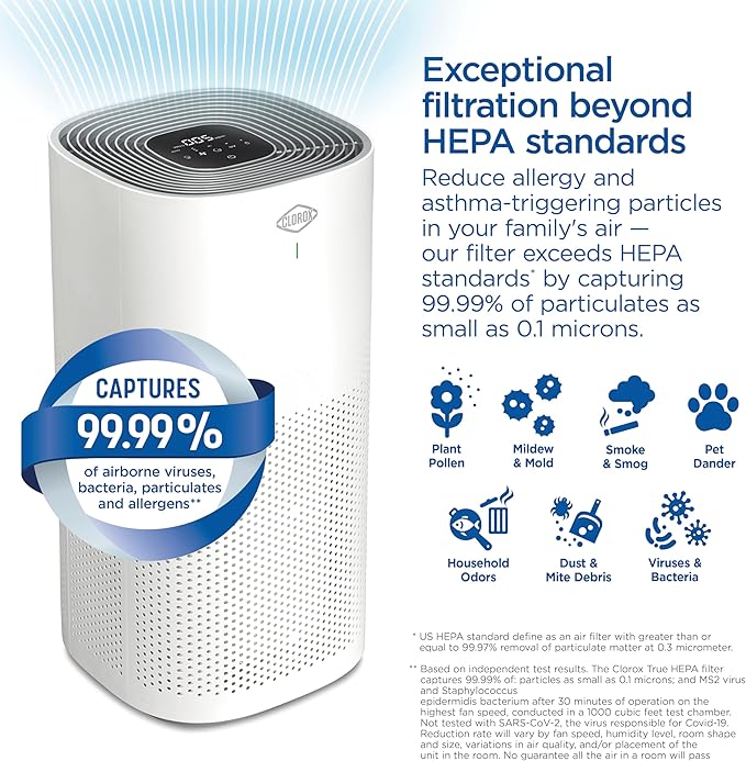 Clorox HEPA Air Purifiers for Home, True HEPA Filter, XL Rooms Up to 2,200 Sq Ft, Removes 99.9% of Mold, Viruses, Wildfire Smoke, Allergens, Pet Allergies, Dust, AUTO Mode, Whisper Quiet