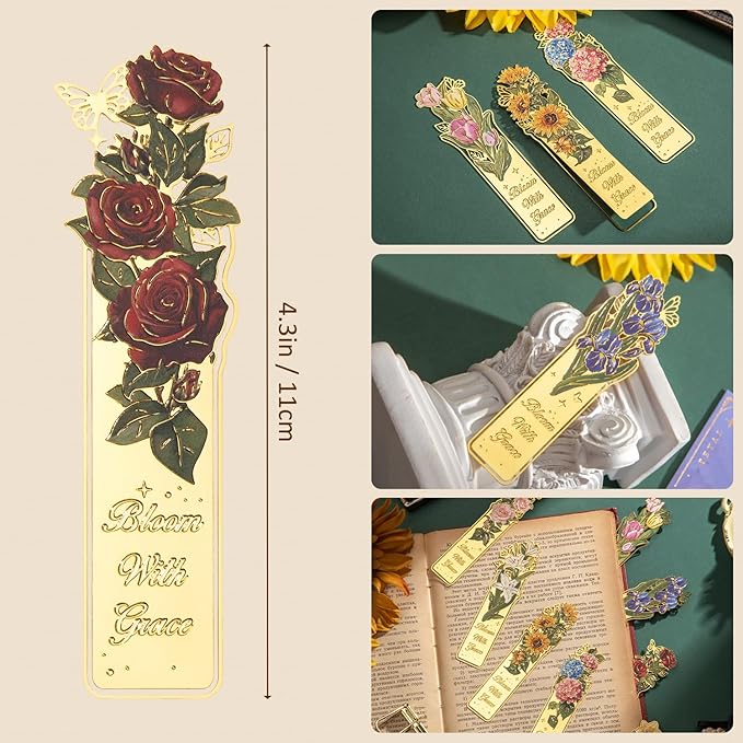 8 Pieces Metal Clip Bookmarks, Golden Hollow Floral Bookmark Monet Oil Painting Theme Book Mark Birthday Funny Art Gifts for Women Book Lovers Writers Readers Children Teens Men