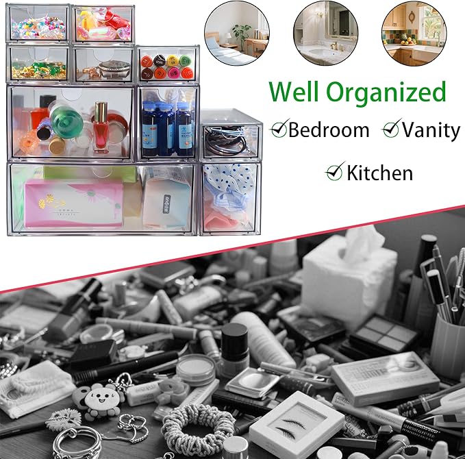 10 Pack Acrylic Makeup Organizer Clear Stackable Desk Organizers Dustproof Drawer for Make Up,Jewelry,Pen, Stationary