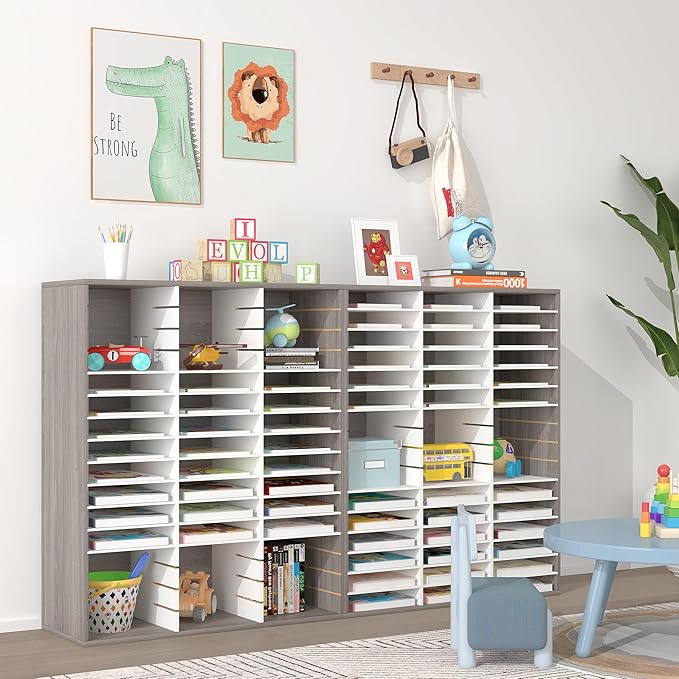 EasyPAG Mail Organizer Countertop, Wood Literature Organizer with Adjustable Shelves, Student Classroom Mailbox for School, Desktop Paper Sorter for Office Home, 48 Compartments, Retro Gray/White