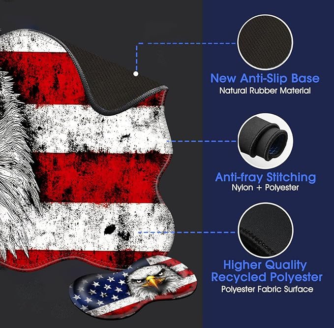 Large Mouse Pad and Keyboard Wrist Rest, Desk Pad for Keyboard and Mouse, 4-in-1 Large Gaming Mouse Pad with Wrist Support, Desk Mat for Home Office Study Game-Bald Eagle American Flag