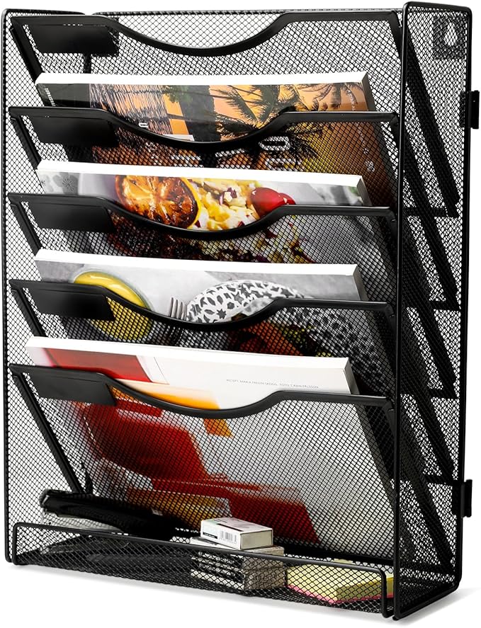 EasyPAG 5-Tier Wall File Holder, Mesh Hanging Folder Organizer with Classify Label, Versatile Desk File Organizer for Office Home , Vertical Wall Mounted Mail Paper Sorter, Easy Assembly, 2 Pack Black