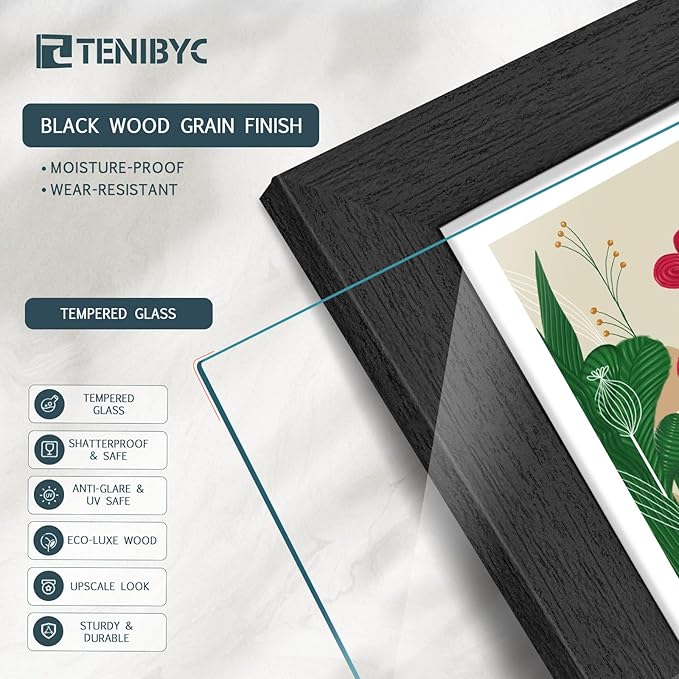13x19 Picture Frame 4 Pack - Black Solid Wood Poster Photo Frame - Tempered Glass - Woodgrain Series - Room, Office, Gallery, Studio Display - Wall Hanging