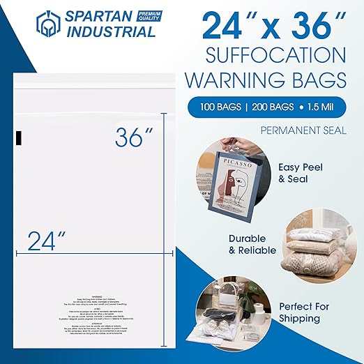 Spartan Industrial - 24” X 36” (100 Count) Self Seal Clear Poly Bags with Suffocation Warning for Packaging, T Shirts & Shipping - Permanent Adhesive