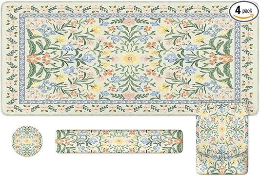 iLeadon Green Floral Desk Cover Mat, Computer Mouse Pad and Keyboard Wrist Rest, Non-Slip Base Keyboard Wrist Rest and Mouse Pad Set, Office Desk Mat Cute for Women (Light Green)