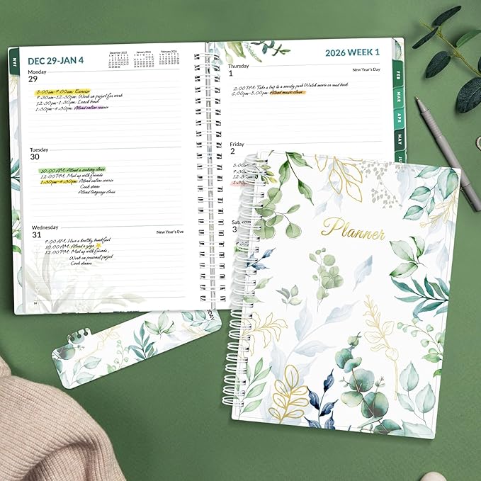 SUNEE 2026 Weekly and Monthly Planner - from January 2026 - December 2026, 6.4" x 8.3" Daily Agenda Planner with Monthly Tab, Flexible Cover, Note Pages, Pockets, Bookmark, Spiral Binding, Greenery