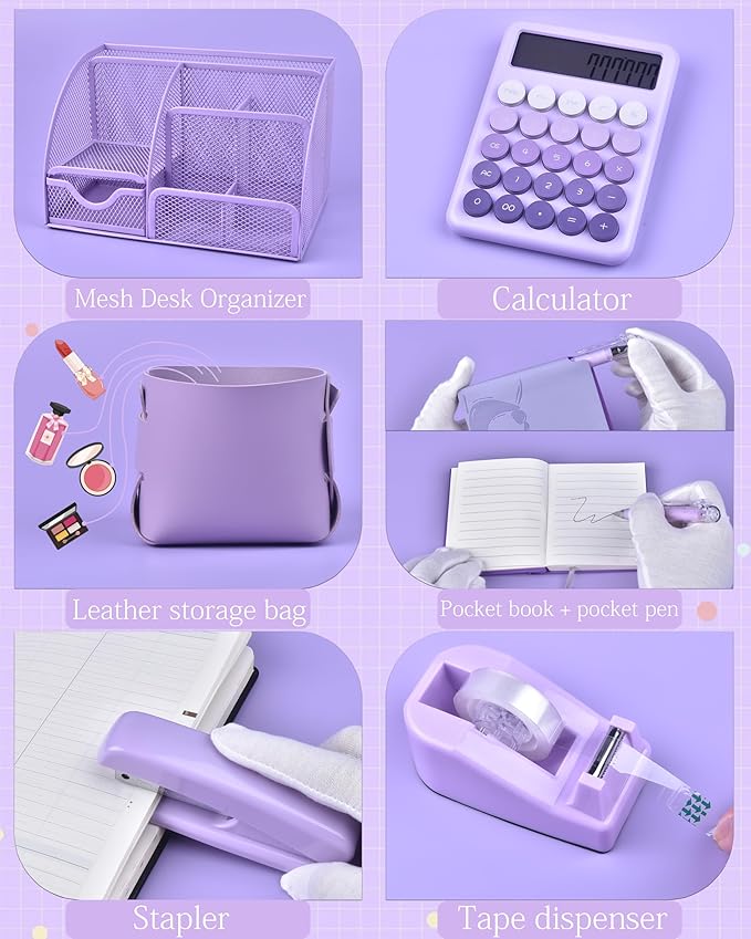 23pc Purple Desk Accessories and Organizers with Mesh Organizer Stapler Tape Dispenser Calculator and a Lot of Office Purple Office Supplies Beautifully Presented in a Gift Box