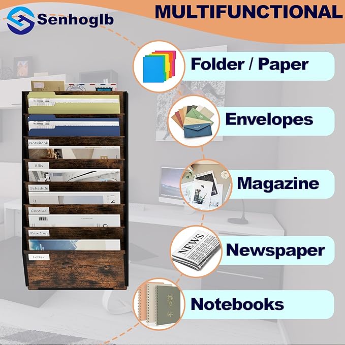 Metal Wall File Folder Organizer, 8-Tier Mesh Hanging Wall File Organizer, Magazine Rack With Pockets, Wood Document Holder for Office Home, Brown
