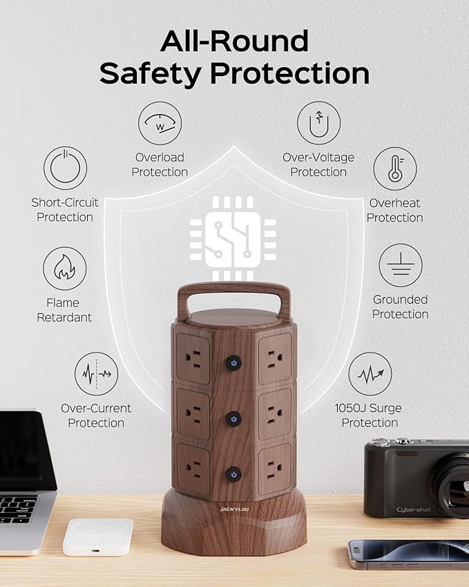 JACKYLED Power Strip Tower Surge Protector with 6.5ft Extension Cord 6 USB Ports and 12 AC Outlets Electric Charging Station for Home Office Dorm Desktop Computer Walnut and Black