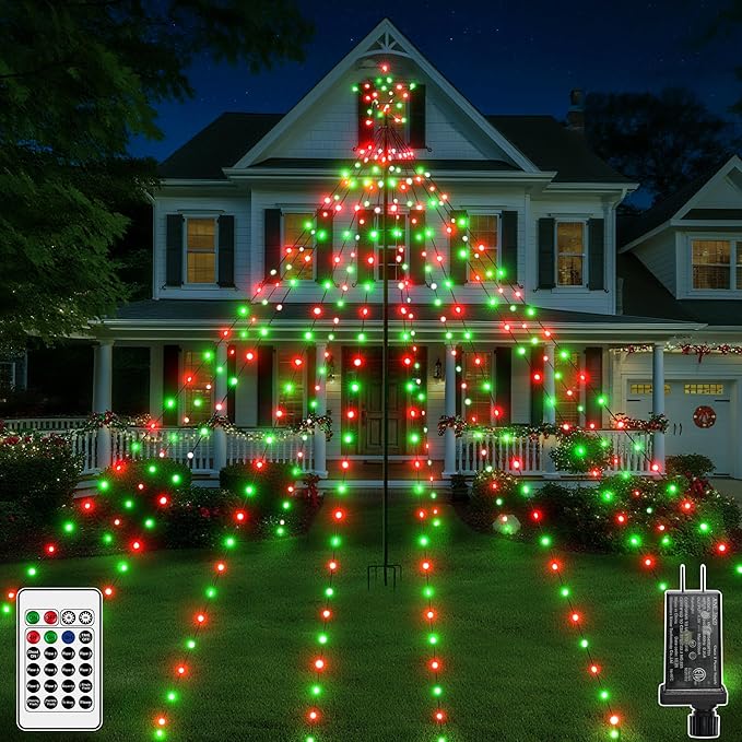 Christmas Lights Tree 340LED with Topper Star, IP67 Waterproof Remote Control Waterfall Lights with Pole, 16 Modes 3 Timers Dimmable Christmas Decorations for Outdoor Yard (Red&Green)